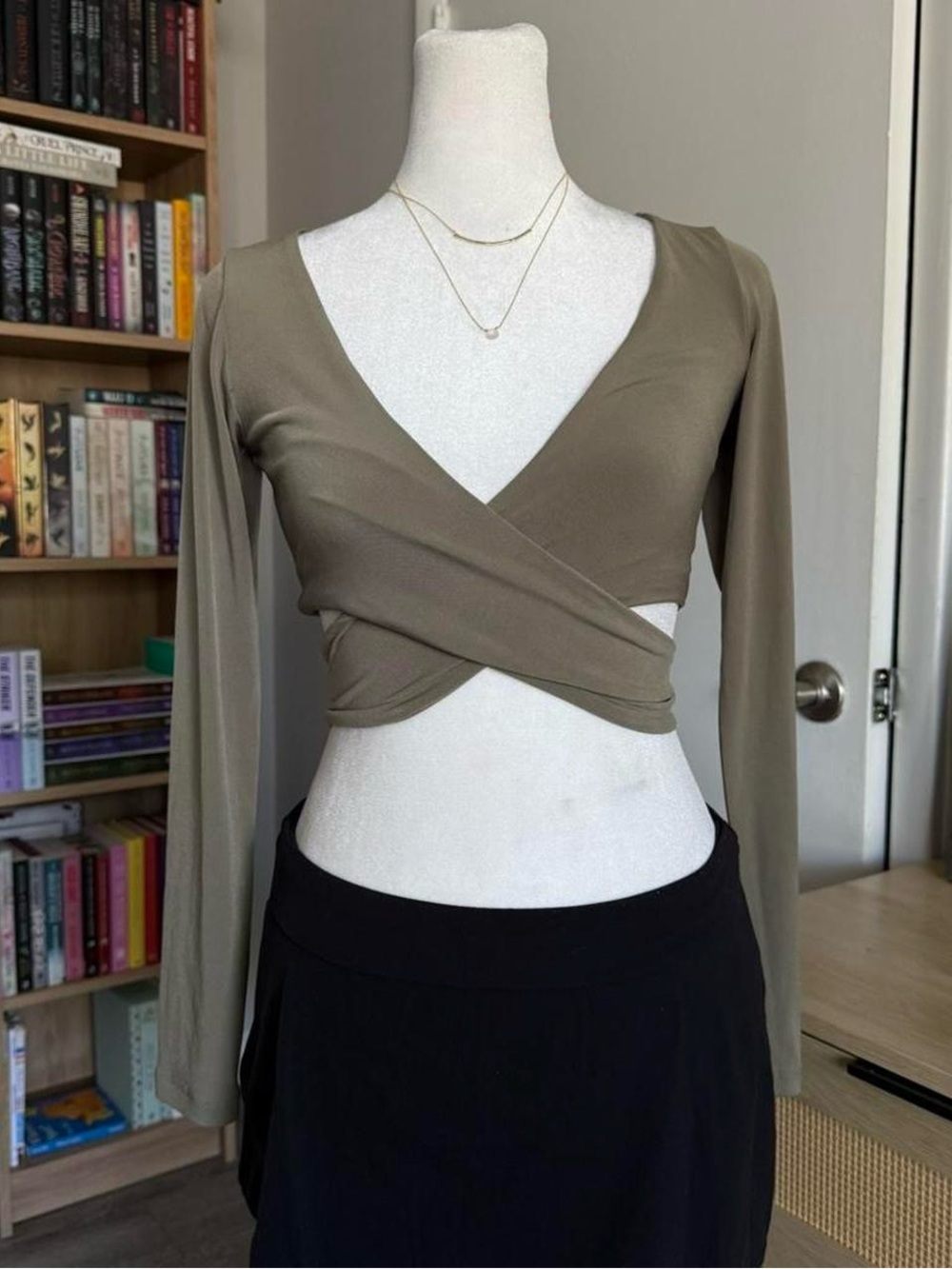 nookie army green long sleeve wrap top